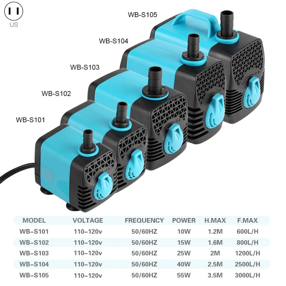 110V Ultra Quiet Waterproof IP68 Filter Water Pump for Aquarium Pond Submersible Fountain Pump 10/15/25/40/55W 600-3000L/H