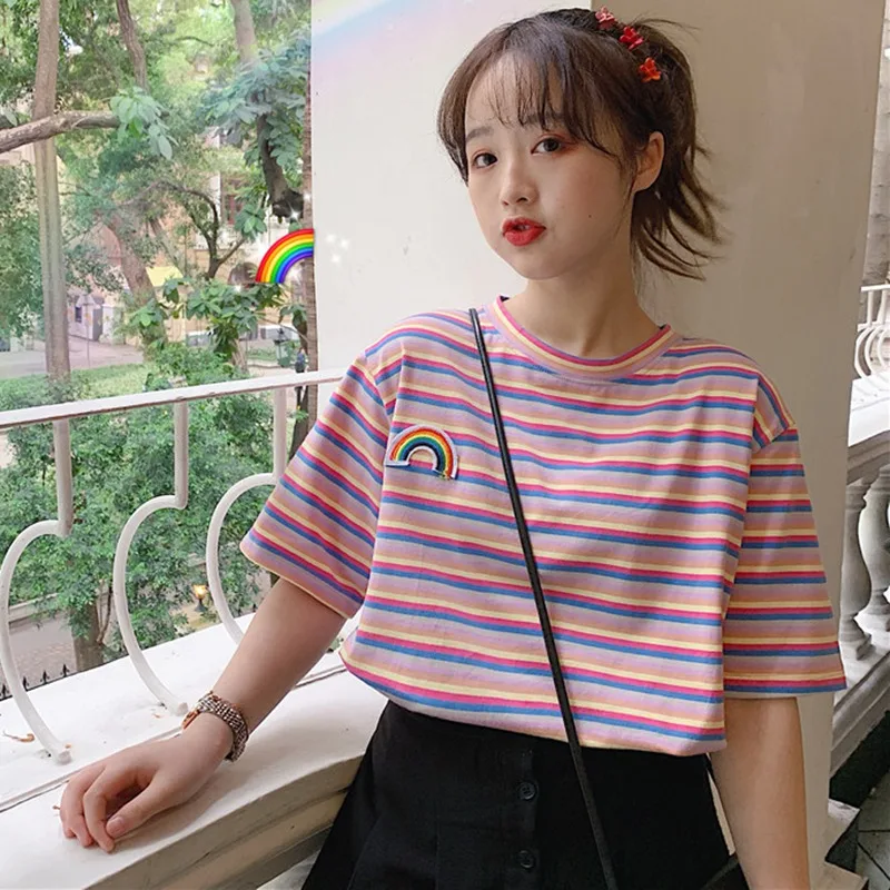 Women Rainbow Striped Tee Shirt Summer Short Sleeve Harajuku Tee Tops Loose Korean Style Sweet Tshirt .