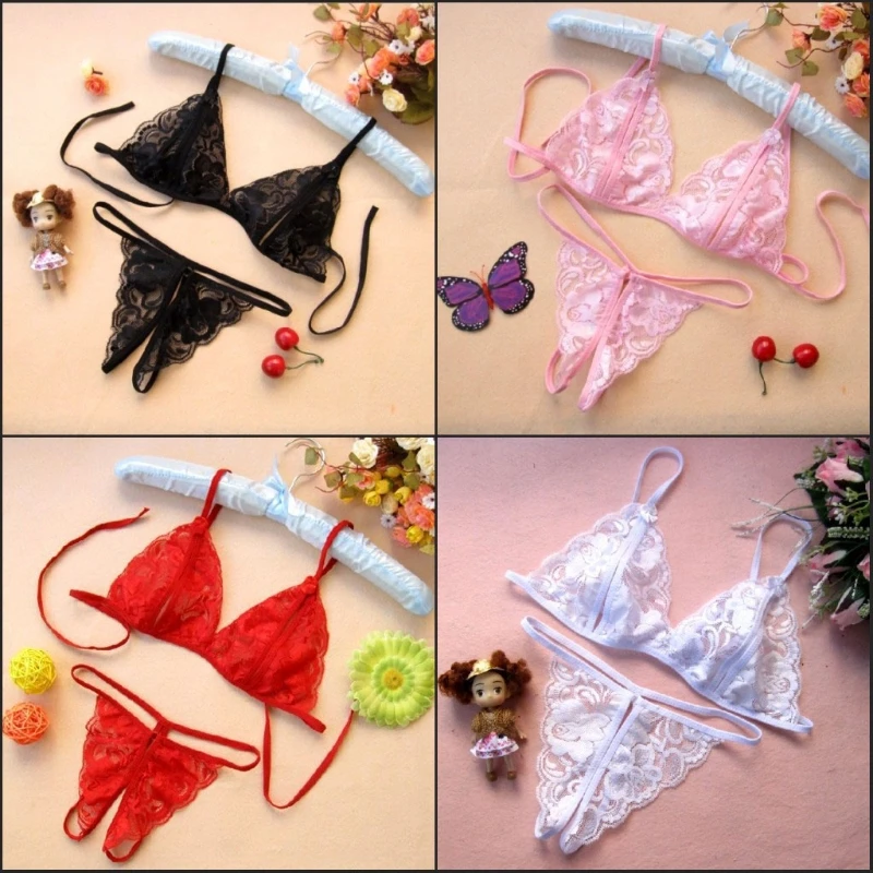 Womens Lingerie Lace Babydoll 2 Piece Bras Set With Bow Open Cup Crotchless Sexy