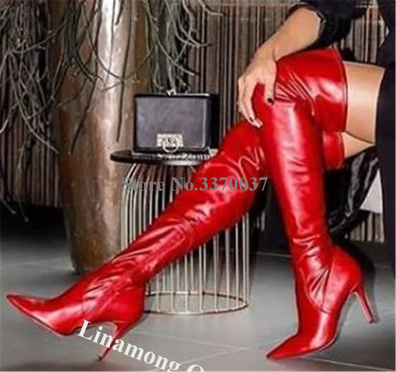 Linamong Sexy Women Pointed Toe Stiletto Heel Over Knee Boots Slim Red Leather Long High Heel Boots Club Dress Shoes