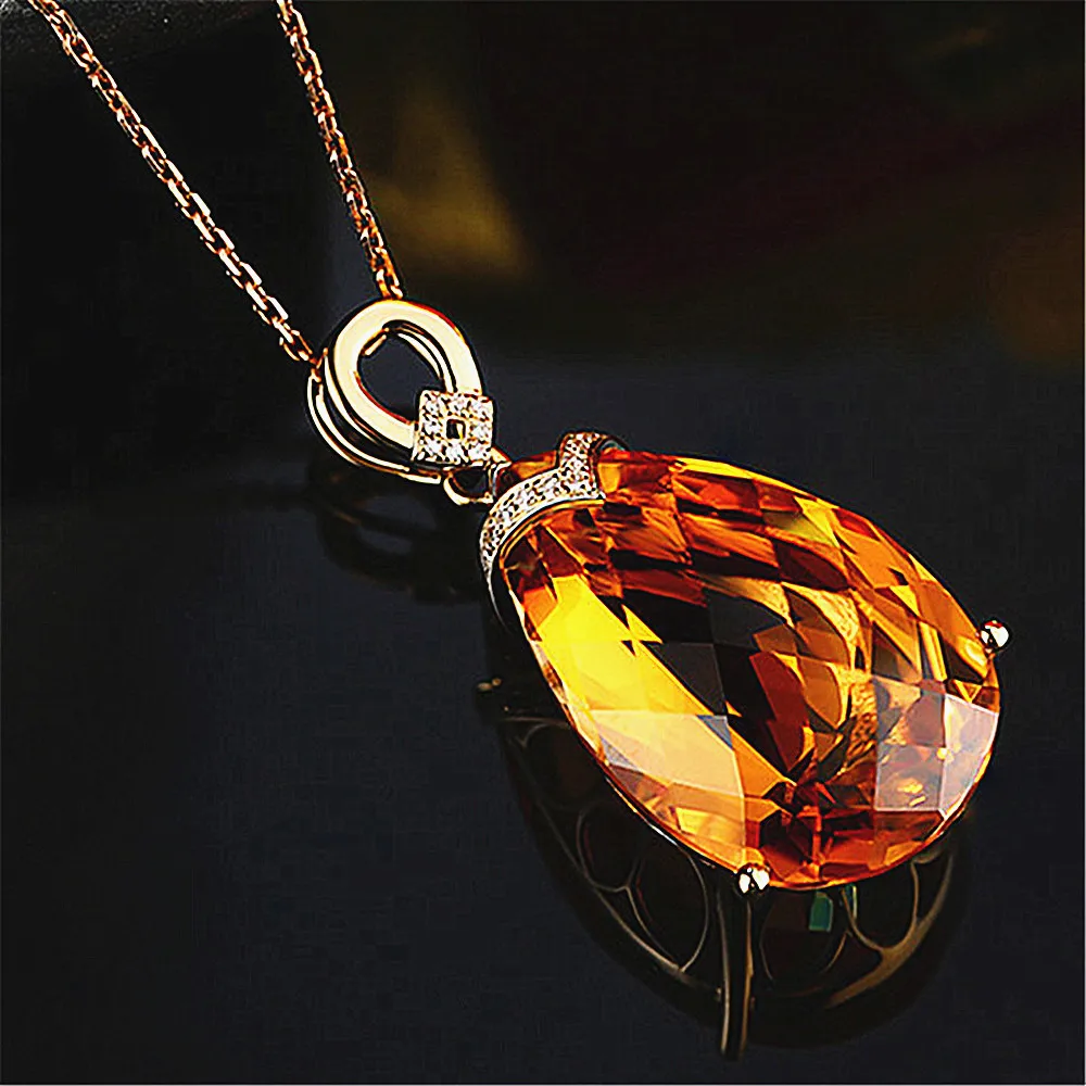 Luxury big carats water drop crystal citrine gemstones diamonds pendant necklaces for women 14k gold color jewelry bijoux gifts