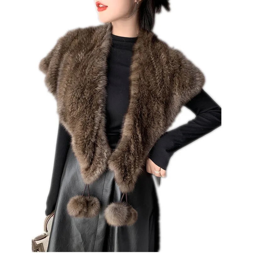 

Real Sable Fur Cape with Pompom Women Winter Shoulder Warmer Hand Knitted Wraps Fall Party Shawl