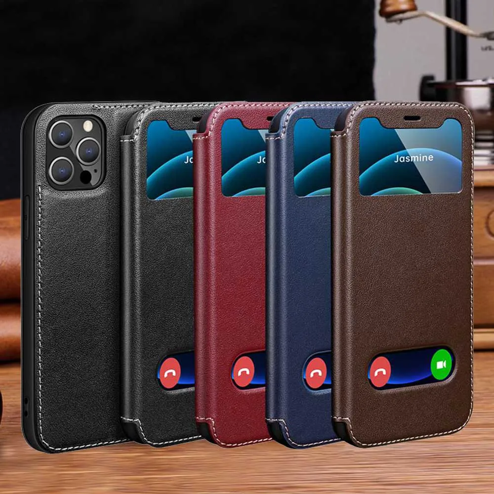 Genuine Leather Case For Iphone 12 13 14 Pro Case For 12Pro Max Cover Window View Coque For Iphone 12 13 Mini 14Plus Fundas