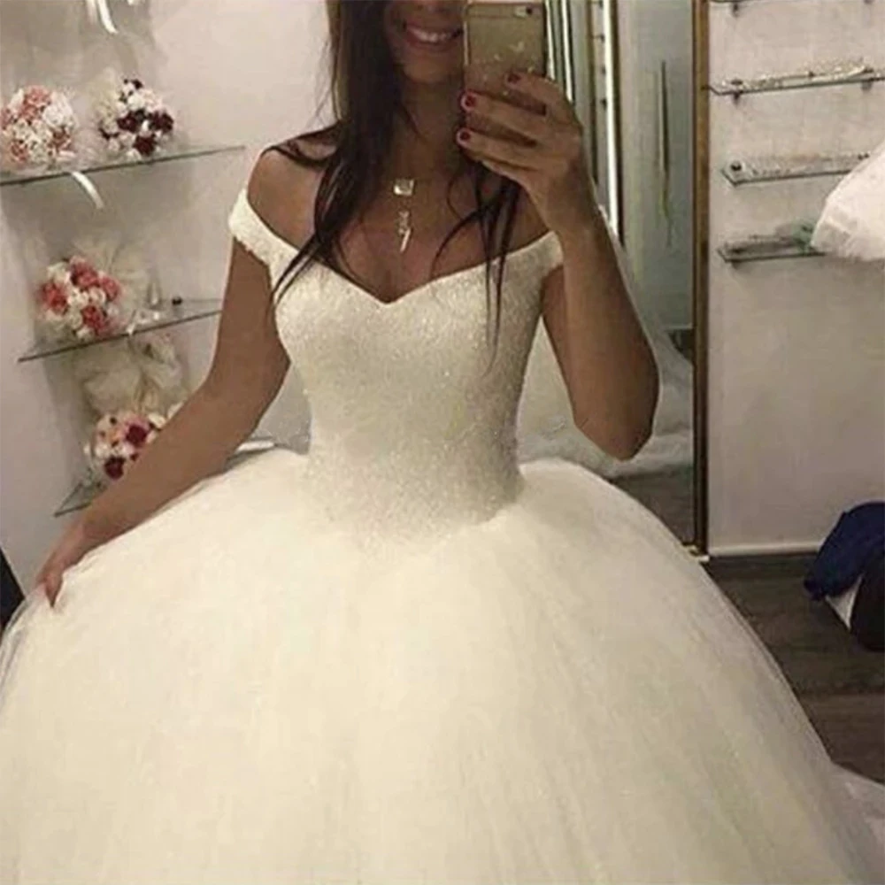 

ANGELSBRIDEP Sweetheart Ball Gown Wedding Dresses Vestido De Noiva Formal Beaded Sparkly Floor-Length Tulle Sexy Bridal Gowns