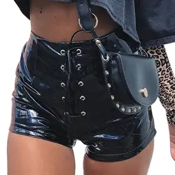 Shorts monocromáticos de couro sintético para mulheres, ilhó requintado, bandagem cruzada, cintura alta, finos, resistentes ao desgaste, shorts sexy, verão, 2021