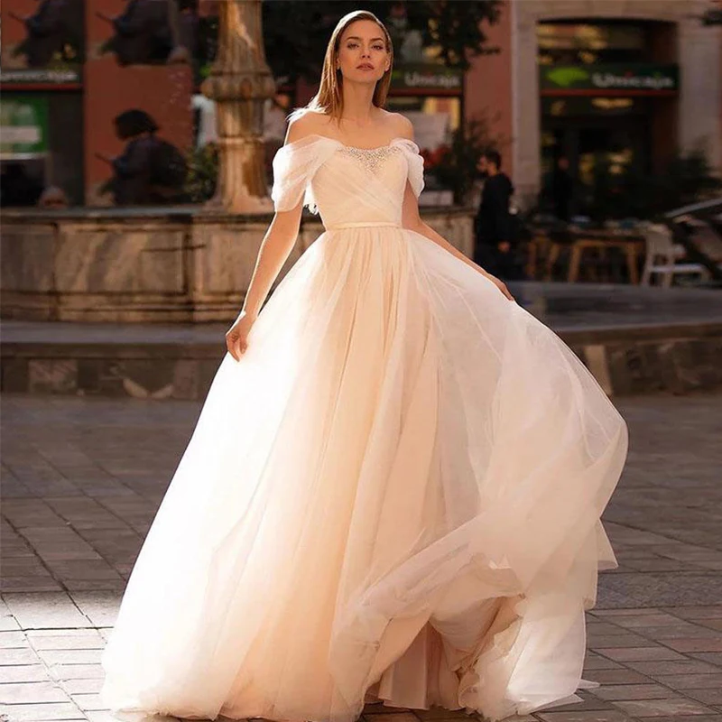 2021 Summer Champagne Cheap Wedding Dress off Shoulder Beads Vestido de Noiva Plus Size Bride Dresses Gowns Tulle