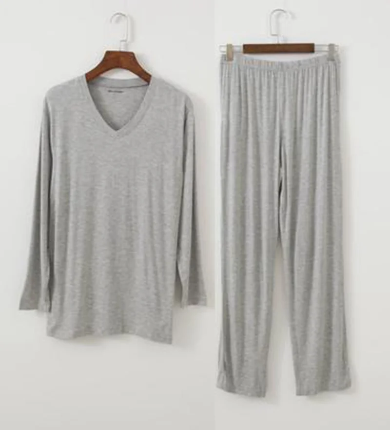Conjuntos de pijama de manga comprida modal masculino, tops de primavera, calças, roupa de casa, respirável, sleepwear macio, plus size, 8XL