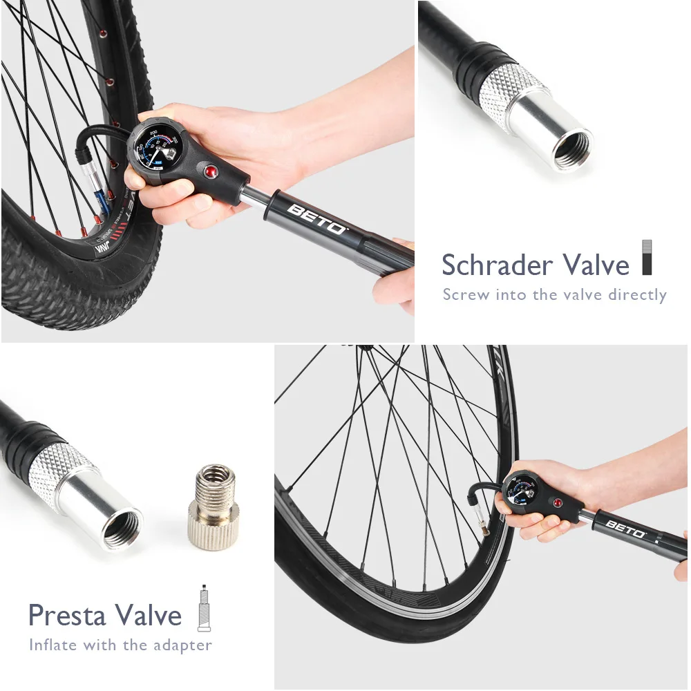 BETO SP-005AG Portable Cycling Pump Alloy Combo Pump with Gauge 300 psi Presta Schrader MTB Bike Tire Shock Fork Inflator