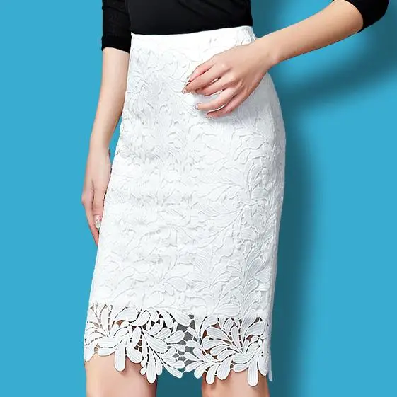

Plus 2023 Skirts Size Summer New Height Quality Lace Hollow Women Pencil Skirt 4 Color Black/Pink/White Saia Curta AW0464
