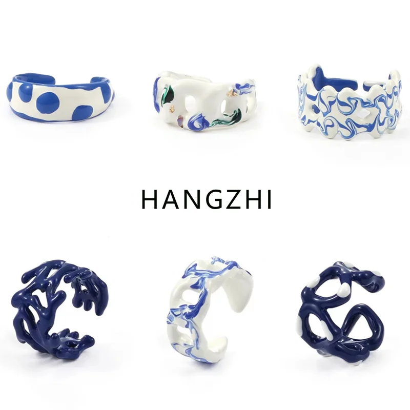 HANGZHI New Vintage Klein Blue Hit Color Handmade Drip Glaze Geometry Hollow Open Rings Trendy Jewelry Gift for Women Girls 2021