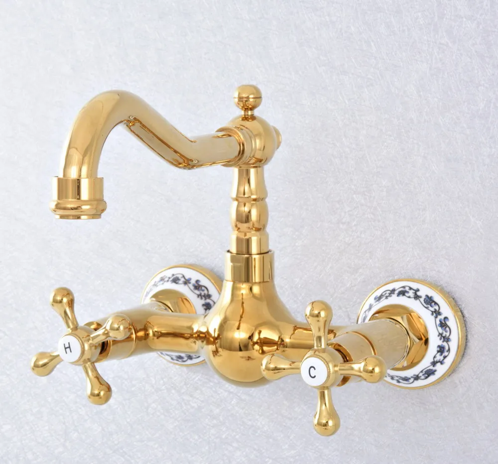 

Gold Color Brass Swivel Spout Kitchen Sink Faucet / Wall Mounted Dual Cross Handles Bathroom Basin Mixer Taps Nsf619