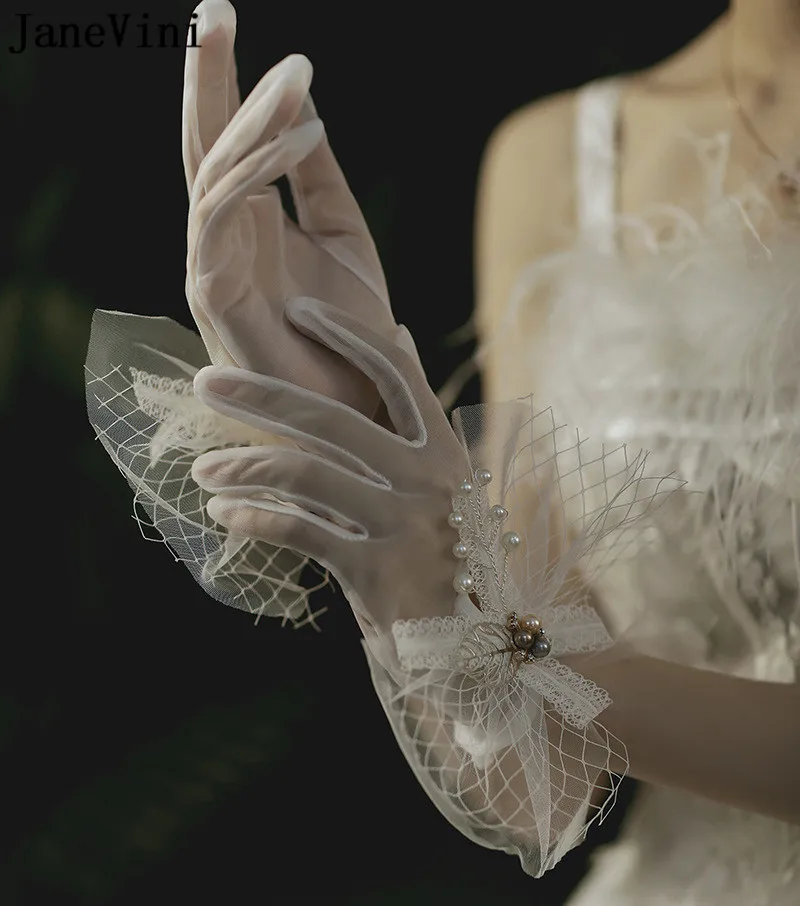 JaneVini-guantes de boda con perlas hermosas para mujer, manoplas de encaje blanco para novia, accesorios de fotografía para fiesta de boda con lazo