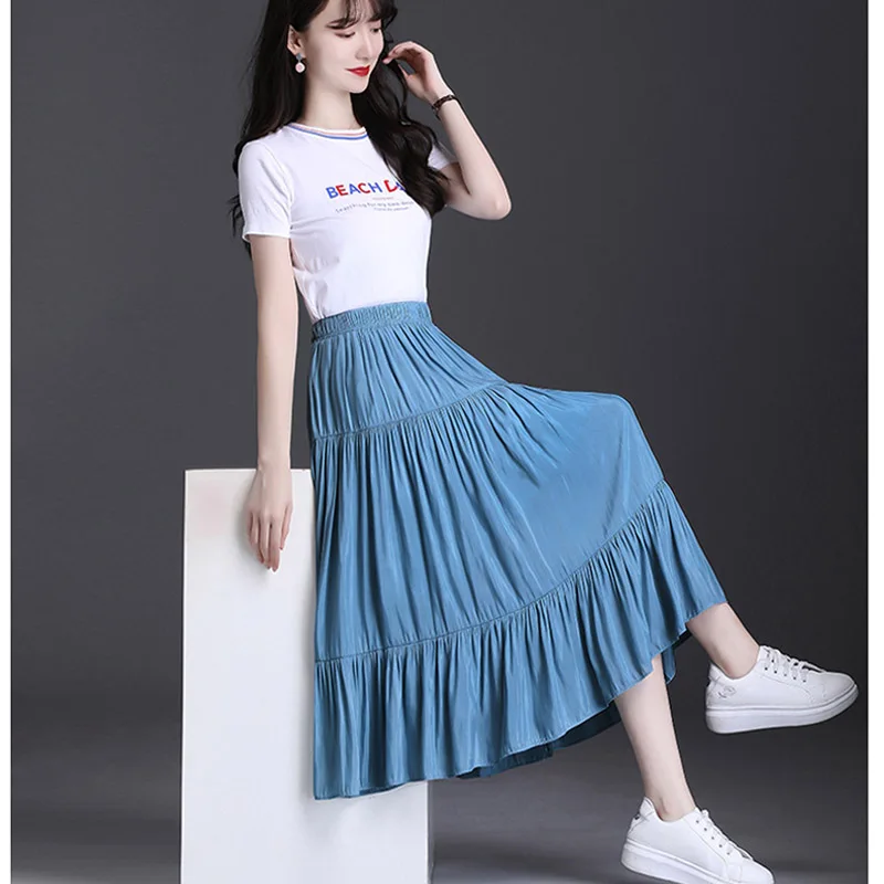 

Fashion Elastic High Waist Casual Cake Skirts solid color Korean Style Long Femme Ruffled Vintage Pleated Skirts Faldas Mujer