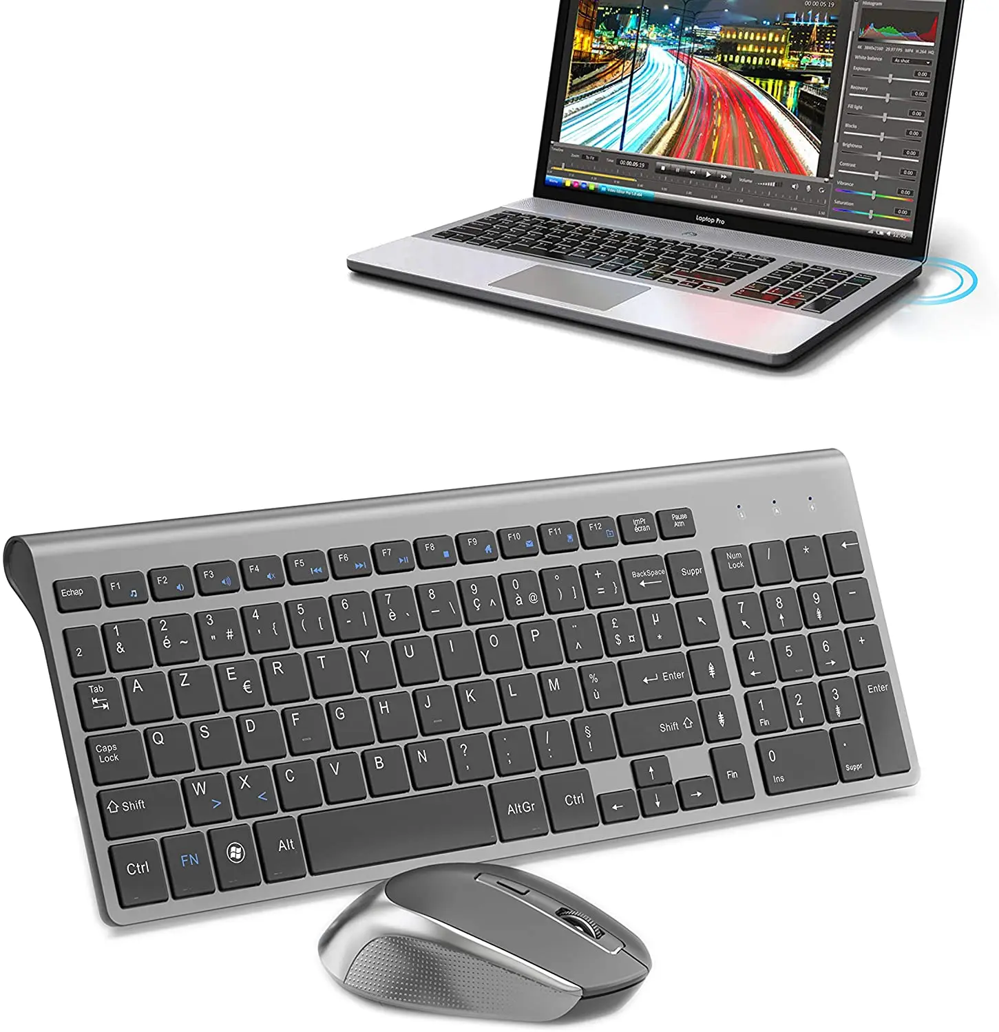 Clavier de souris sans fil, conception compacte ultra-mince 2,4 GHz, 2400 DPI ergonomique. (Layout français AZERTY). PC, Smart TV, Ordinateur.