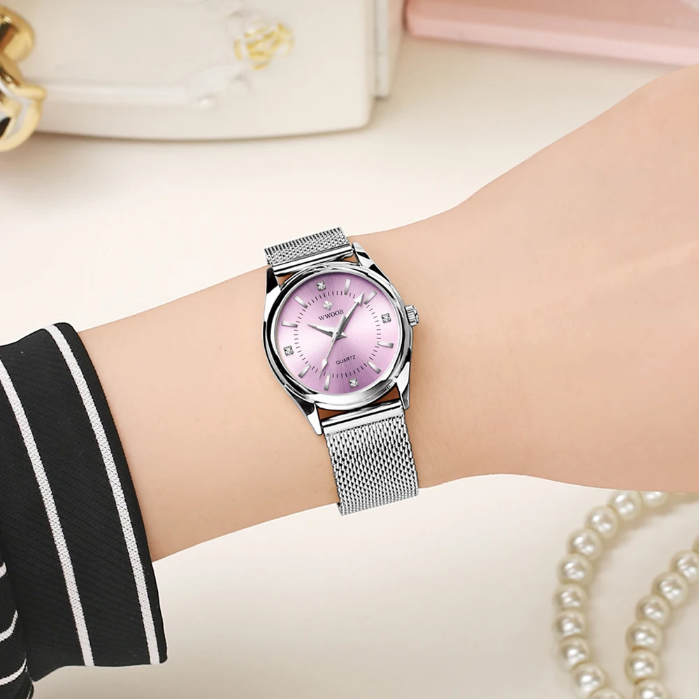 WWOOR New Women\'s Watch Pink Luxury Creative Waterproof Ladies Dress Watches Elegant Fashion Women Stainless Steel Wrist Watches