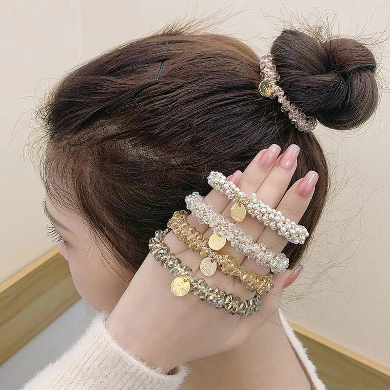 Korean Pearl Crystal Rubber Band Sweet Disk Dual-use Elastic Hair Band Bracelet For Women Girl Elegant Hair Tie Rope Accessories