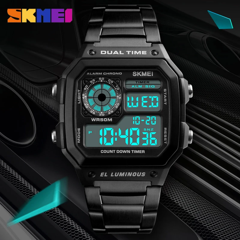 SKMEI Fashion Watches for Men Golden Stainless Steel Waterproof  Wristwatches Male Square Multifunctional Back Light Clock