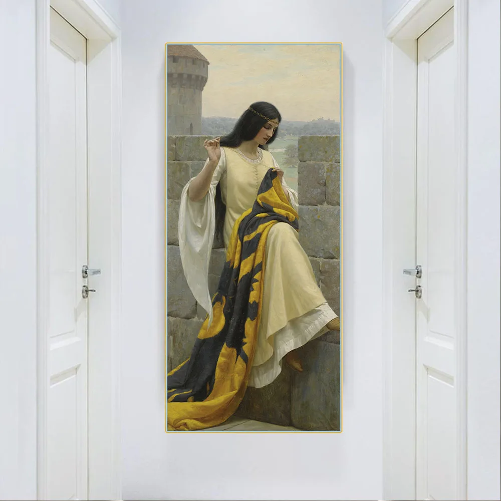 

Citon Canvas Art Oil Painting Edmund Leighton《Stitching the Standard》Artwork Poster Picture Wall Decor Modern Home Decoration