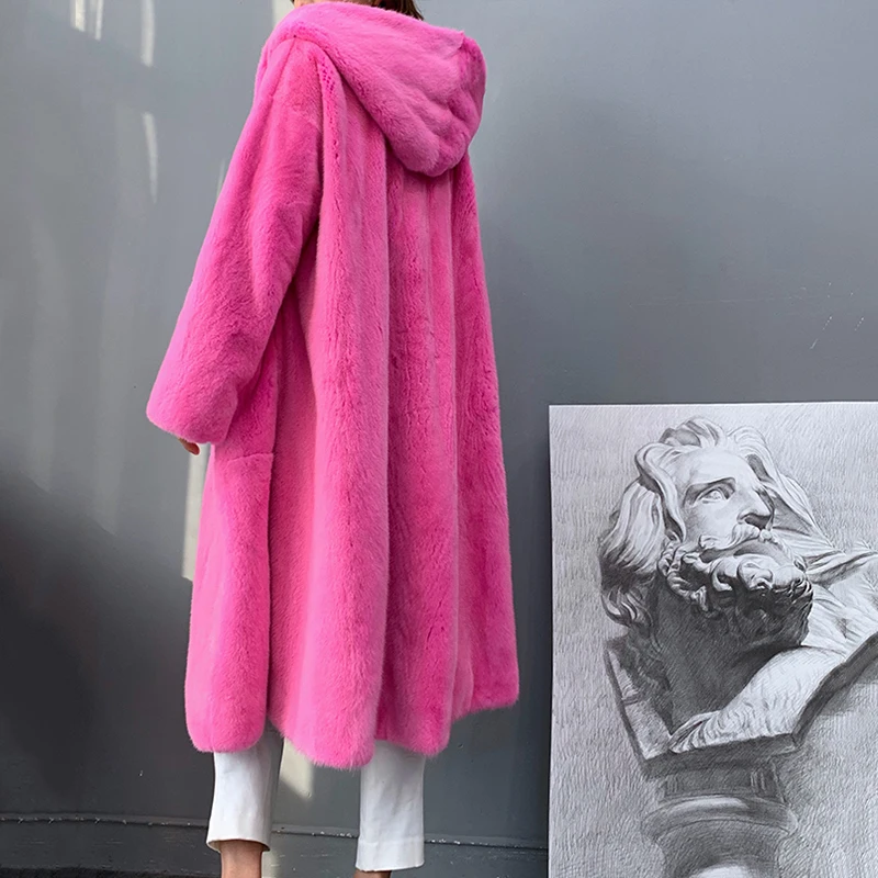 フタンガイール新冬輸入パープルラベルベルベットミンクファーコートフード付きビッグポケット女性用エクストラロング天然リアルミンクファーコート