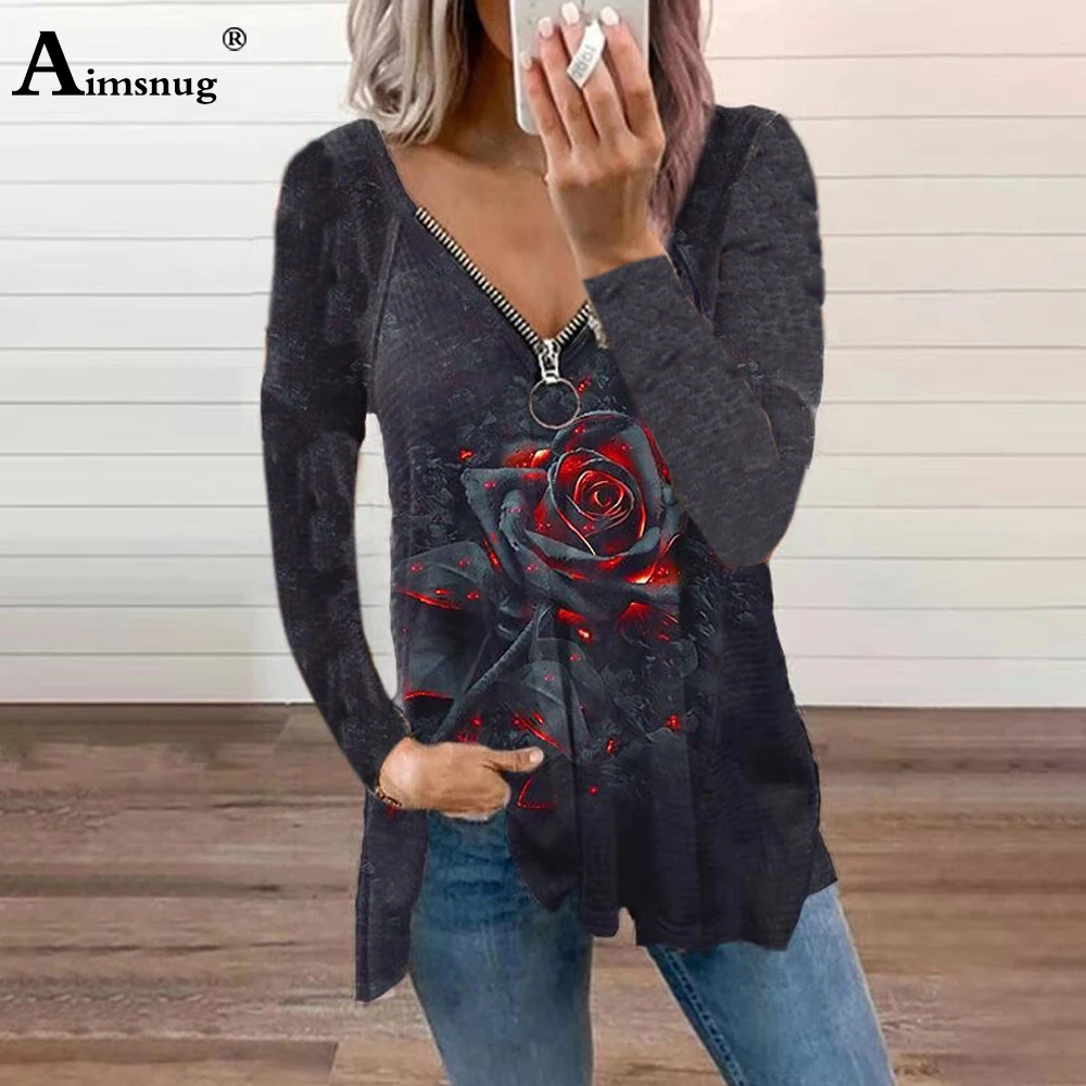 Large Big Women T-shirt Sexy Femme Clothing 2023 Spring Long Sleeve Gothic Rose Flower Print Tops Fashion Zipper Tees Shirt