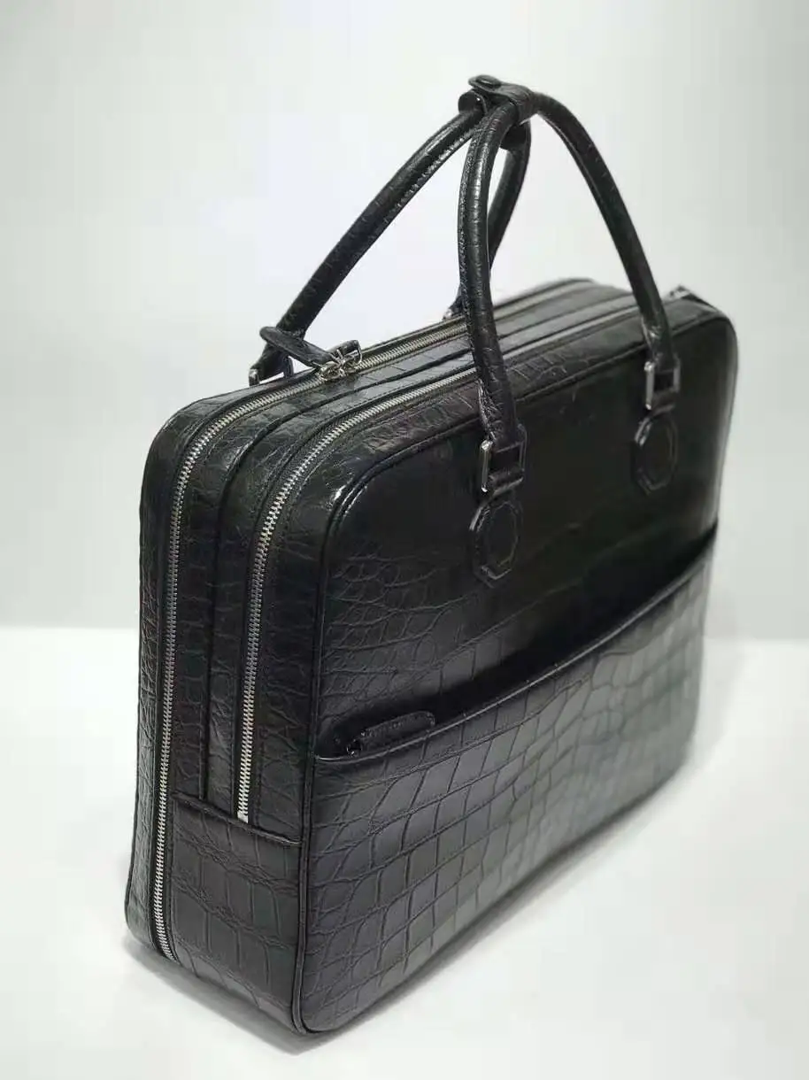 Black color First grade quality genuine real crocodile skin men briefcase bag official men business dress bag with cow skin lining blue color free ship 2 zipper top closure