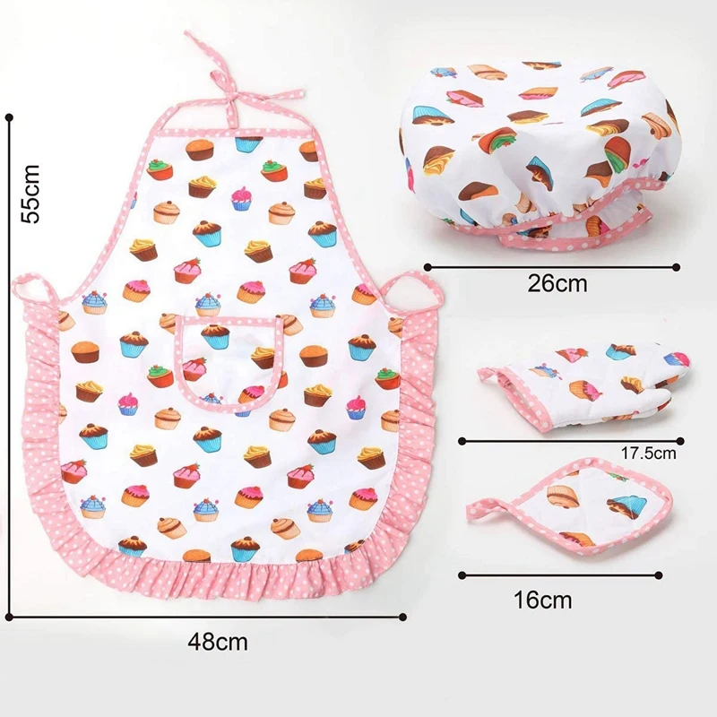 4Pcs Kids Cooking and Baking Set Includes Apron for Little Girls, Chef Hat, for Toddler Dress Up