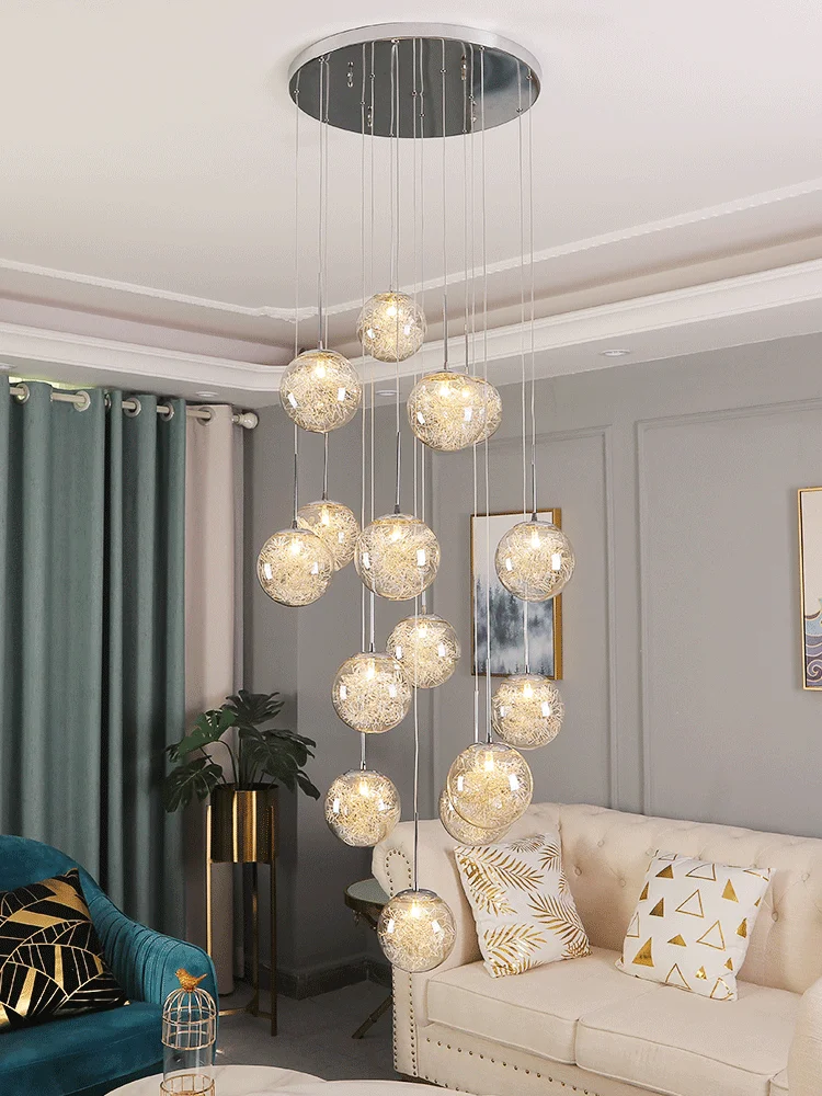 Staircase LED chandelier duplex apartment living room dining room glass spherical villa hollow stairwell long chandelier