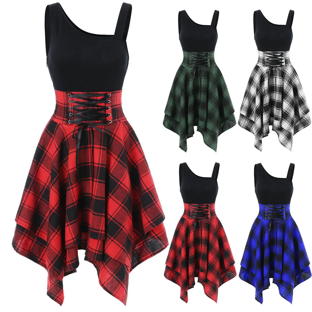 

Womens Punk Gothic Patchwork Lace Up Plaid Mini dress Sleeveless Irregular A Line Swing dresses Summer Feminina vestidos Mujer