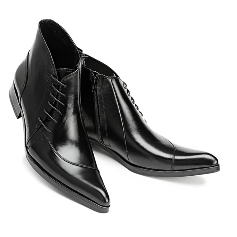 Genuine Leather Cowboy Men Boots Lace Up Ankle Boots Fashion Metallic Wedding Party Men Dress Shoes Business Oxfords Shoes