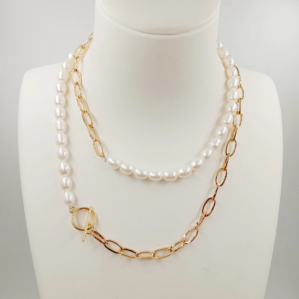 80 cm ,100% NATURE FRESHWATER PEARL LONG  NECKLACE-stainless steel chain with 18 k gold plating , rice shape freshwater pearl