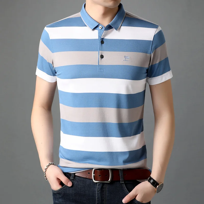 2021Business Casual Short Sleeve Polo-Shirt Men Spring Summer New Arrival Fashion Hit Color Striped Cotton Tops Mens Clothing