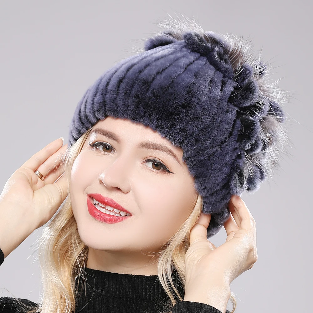 Fur Hats for Women Winter Real Rex Rabbit Hat Fox fur kniting female warm snow caps ladies elegant princess beanies cap