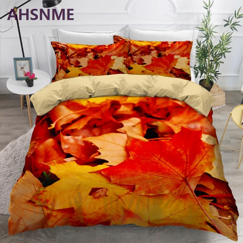 AHSNME Custom Pattern Autumn Red Leaves Bedding Set Digital Print Duvet Cover Leisure Life King Queen Double Quilt Cover Set