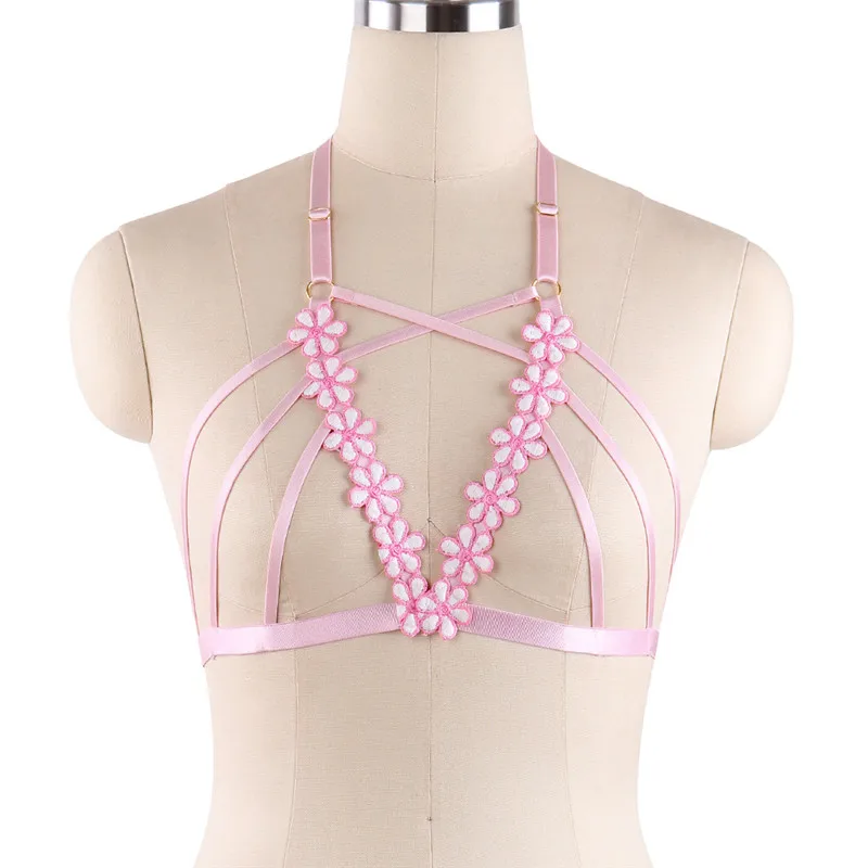 

Women Body Harness Wedding Pink Flowers Harness Bondage Crop Top Open Chest Harajuku Cage Bra Fetish Wear Valentine's Day gift