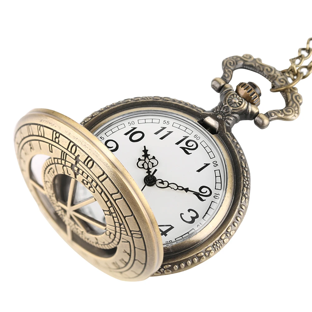 Retro Bronze Hollow Geometry Prague Astronomical Compass Design Quartz Pocket Watch Necklace Clock Fob Watches Zodiac Pendants