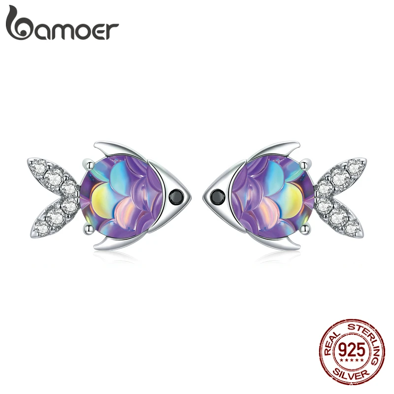 bamoer Silver Fish Stud Earrings 100% 925 Sterling Silver Happy Tropical Litte Fish Earring for Women Fashion Jewelry SCE1028