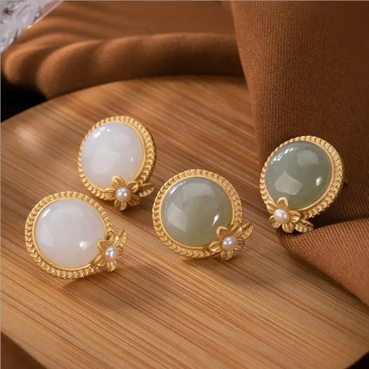 New silver inlaid natural and Baitian jade small flower earrings Chinese minority design palace style charm women's jewelry