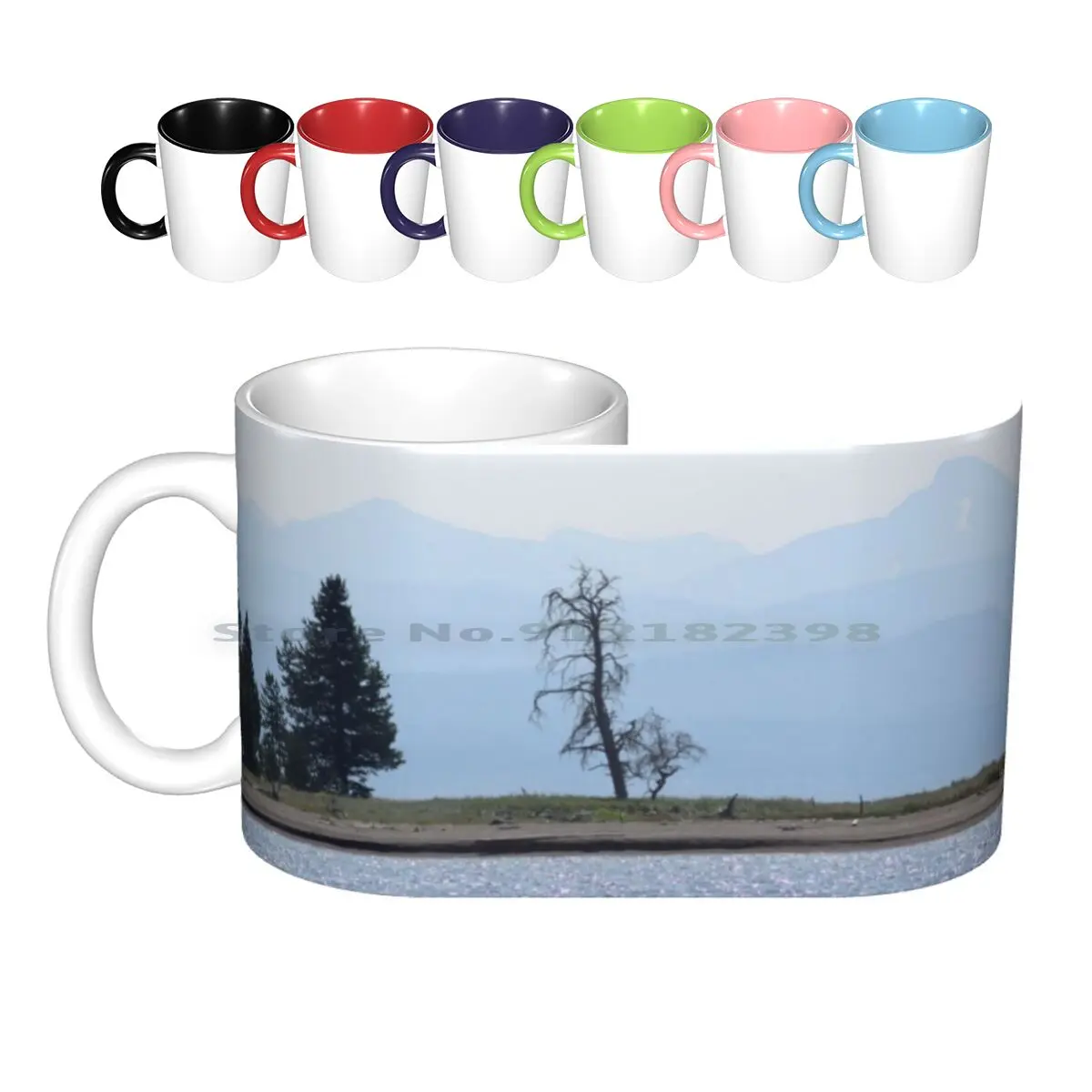 On An Island Ceramic Mugs Coffee Cups Milk Tea Mug Yellowstone Lake Water National Park Summer Aquatic Island Shore Mountain