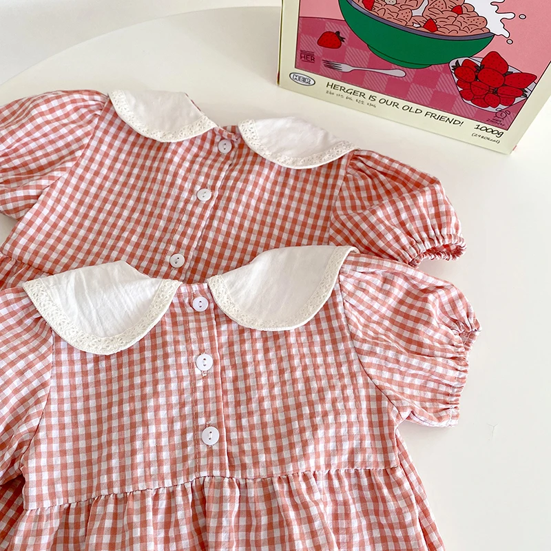 Kleinkind Baby Mädchen Grid Stickerei Kleider Sommer Mädchen Baby Romper Kleinkinder Baumwolle Kurzarm einteiliges Strampler – Detail 11