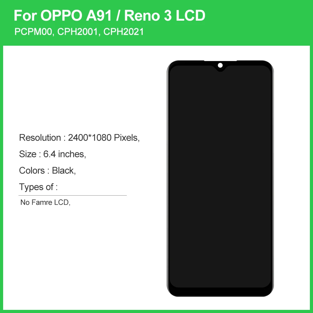 A91 High Quality  For Oppo A91 PCPM00 CPH2001 CPH2021 LCD Display Touch Screen Digitizer Assembly Part For Oppo Reno3LCD