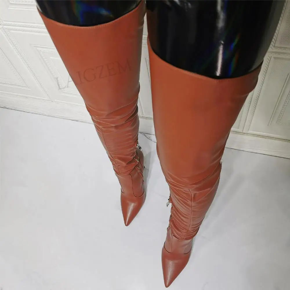 

DOBANER Women Thigh High Boots Stiletto High Heels Brown Over Knee Shoes Woman Boots Black 2021 Party Club Plus Size 38 43 44 47