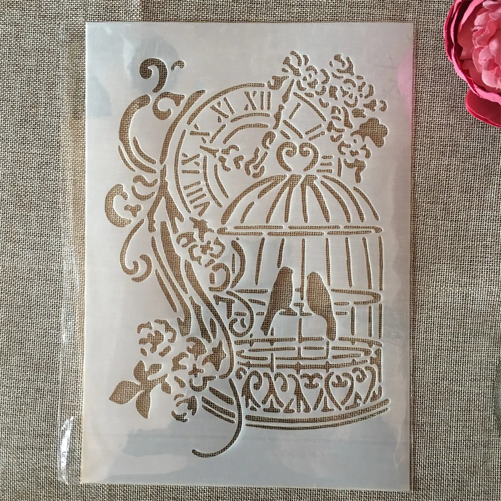 A4 29cm Vintage Clock Birdcage DIY Layering Stencils Painting Scrapbook Coloring Embossing Album Decorative Template