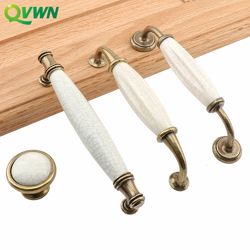 QVWN Antique Bronze Ceramic White Cabinet Handles Zinc Alloy Drawer Knobs Wardrobe Door Simple European Furniture Hardware
