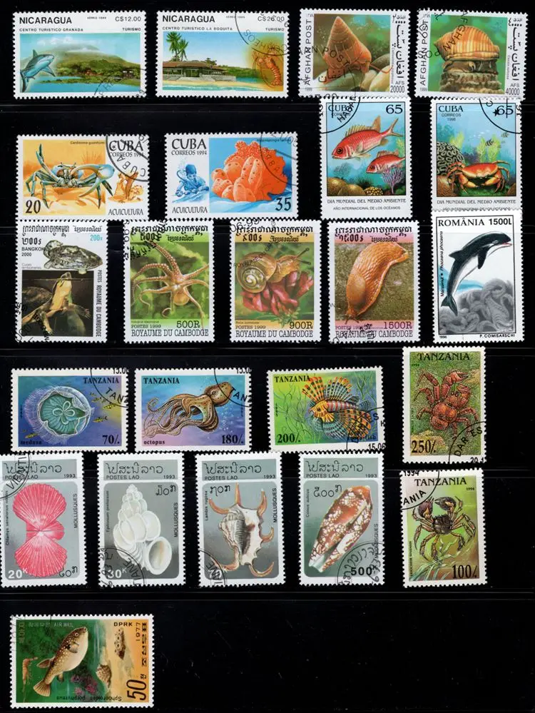 50Pcs/Lot Ocean Animals Stamp Topic All Different From Many Countries NO Repeat Postage Stamps with Post Mark for Collecting