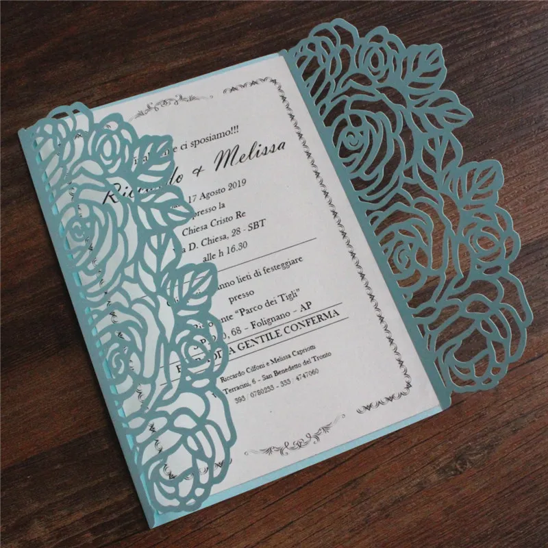 Light blue rose wedding engagement invitation card greeting card pearl matte paper weeding party decoration