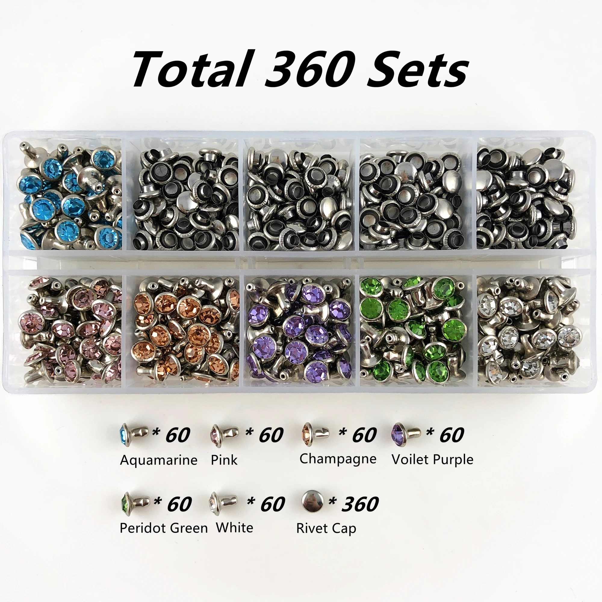 

YORANYO 360 Sets 6MM CZ++ Crystal Rivets Silver Plated Mixed Color Spots Studs Double Cap Punk Spikes for Leather-Crafting