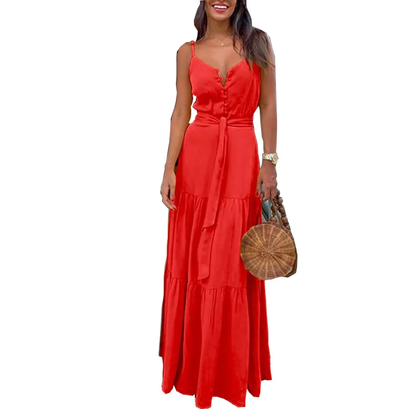 Estate Verde Tunica Maxi Vestito Con Scollo A V Robe Femme Abiti Lunghi Cintura Eleagant Ruffles Partito Della Cinghia di Spaghetti Casual Abiti Mujer
