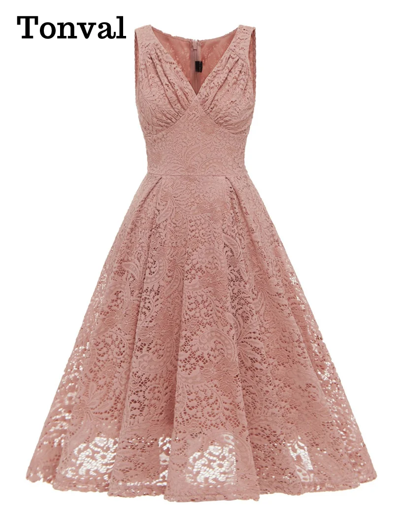 

Tonval V-Neck High Waist Vintage Clothes Women Pink Lace Pleated Midi Dress Sleeveless Summer Elegant Party Ladies Dresses