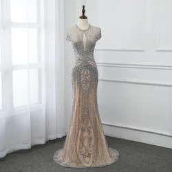 New 2022 Silver Rhinestones Evening Dresses Long Cap Sleeve Nude Tulle Pageant Dress Women Gown Mermaid Vestidos