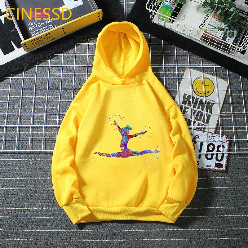 Watercolor Gymnastics Girl Print Children Winter Sweatshirts Kids Thick Fleece Girls Sport Clothes White Yellow Tracksuit Hoodie